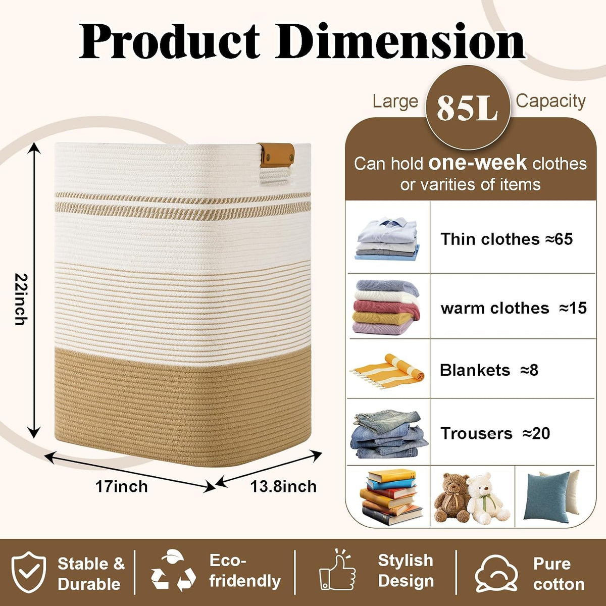 Laundry Hamper, 85L Tall Laundry Basket with Leather Handles, Rectangle Large Clothes Hamper for Organizing, Cotton Woven Laundry Baskets Storage Hampers for Bedroom, Nursery, Living Room