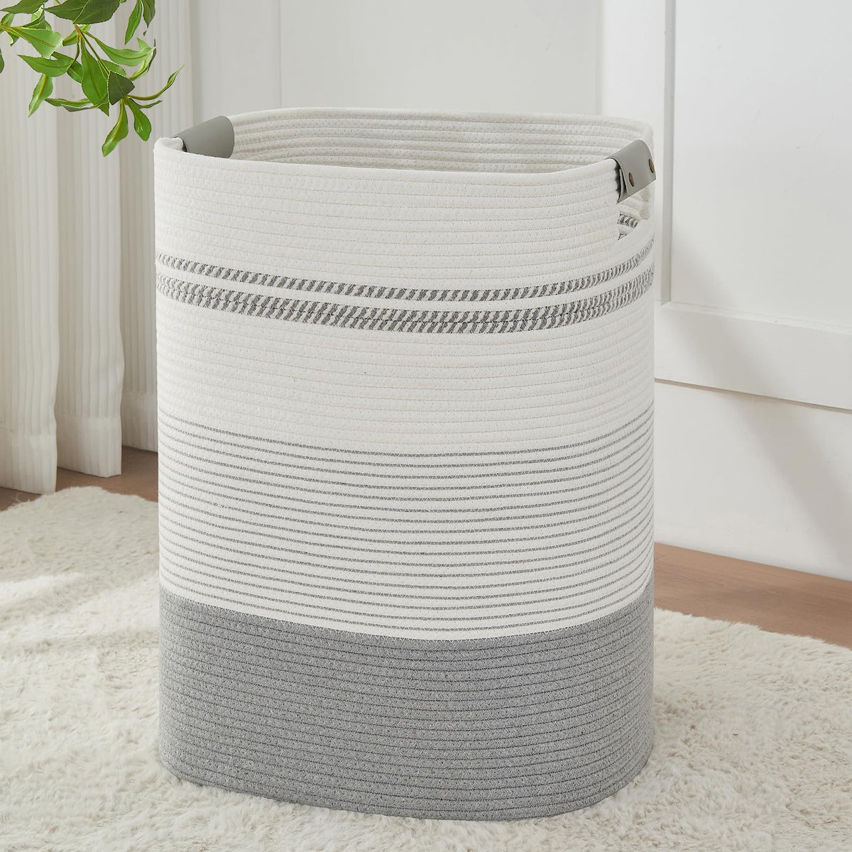 Large Laundry Hamper Basket, 85L Cotton Rope Woven Storage Bin for Blankets, Dirty Clothes Toys, Decorative Tall Basket with Leather Handles for Living Room, Bedroom, Bathroom, Nursery, Jute