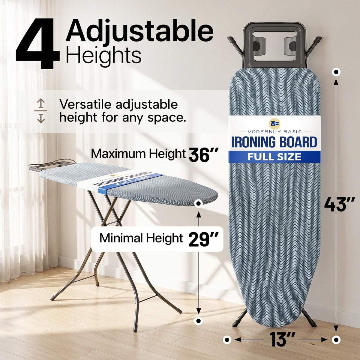 Ironing Board Full Size, Heavy Duty Height Adjustable Iron Rest, Cover Pad