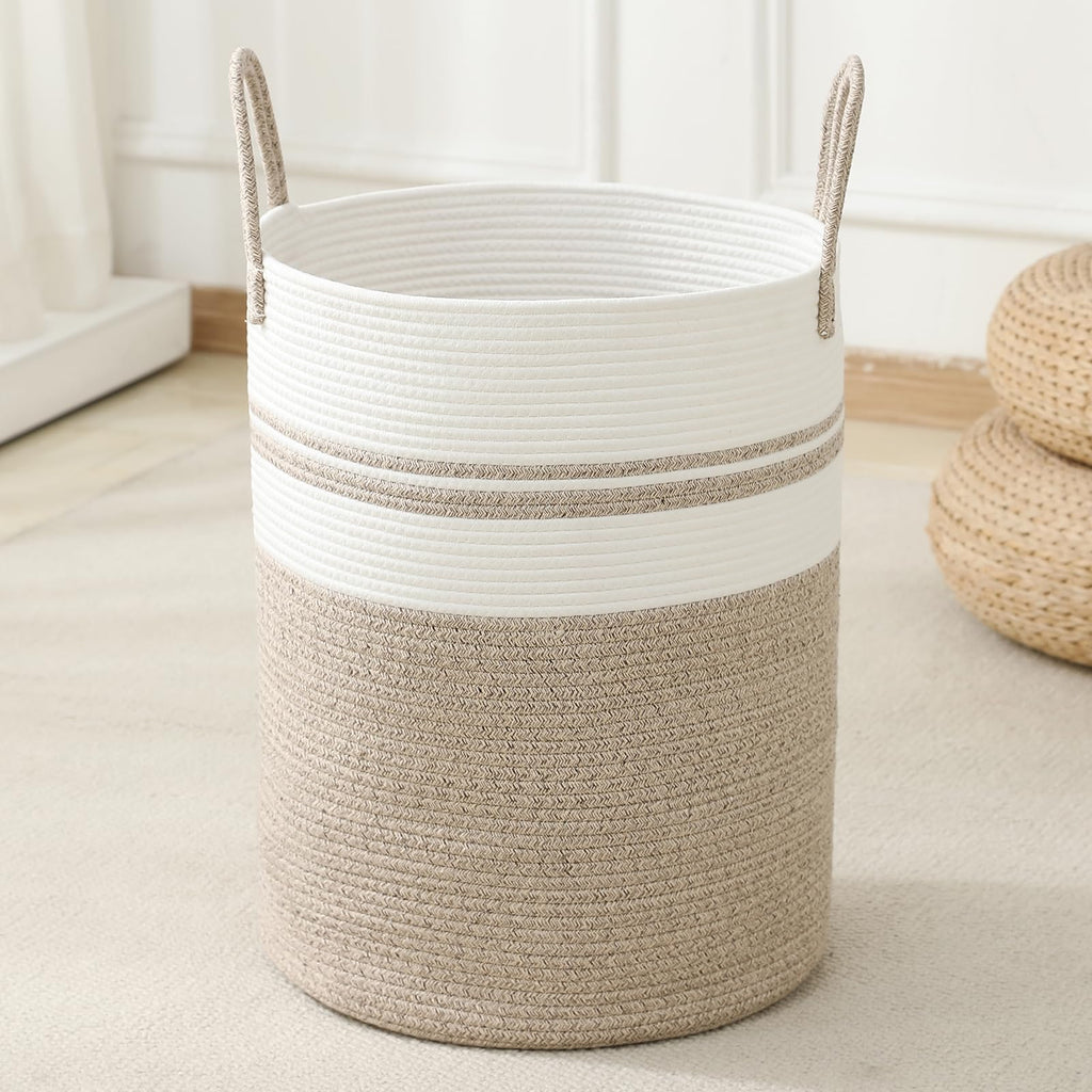 Laundry Basket Hamper Tall Rope Storage Woven for Blanket Toys Dirty Clothes in Living Room Bathroom Bedroom White & Brown 60L/15.8Gal