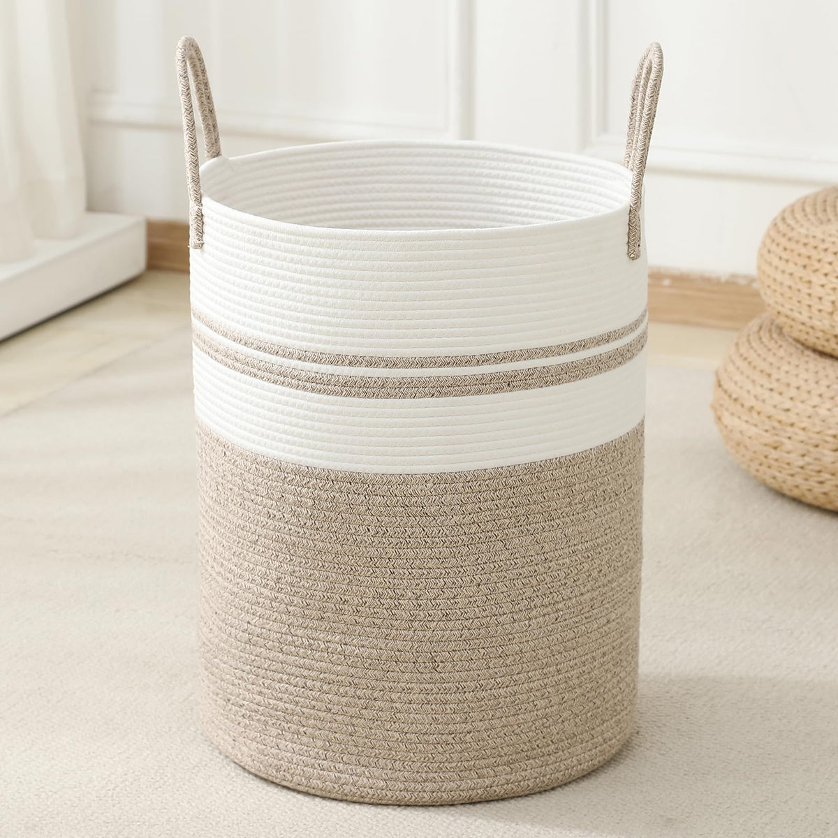 Laundry Basket Hamper Tall Rope Storage Woven for Blanket Toys Dirty Clothes in Living Room Bathroom Bedroom White & Brown 60L/15.8Gal
