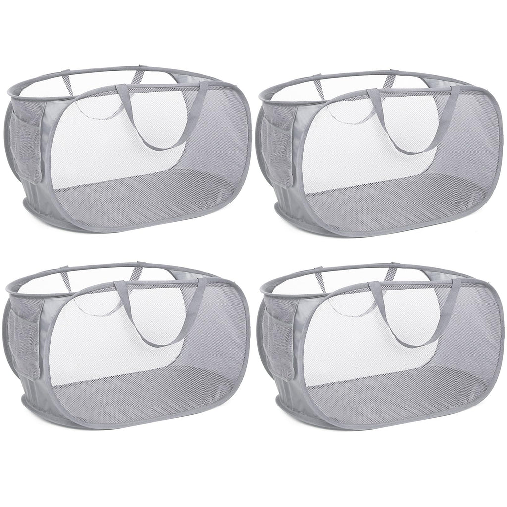 4 Pack Durable Collapsible Laundry Baskets, Mesh Foldable Laundry Basket, Pop Up Laundry Hamper with Pocket, Clothes Hamper with Reinforced Handles for Laundry, Bathroom, Kids Room, Dorm or Travel