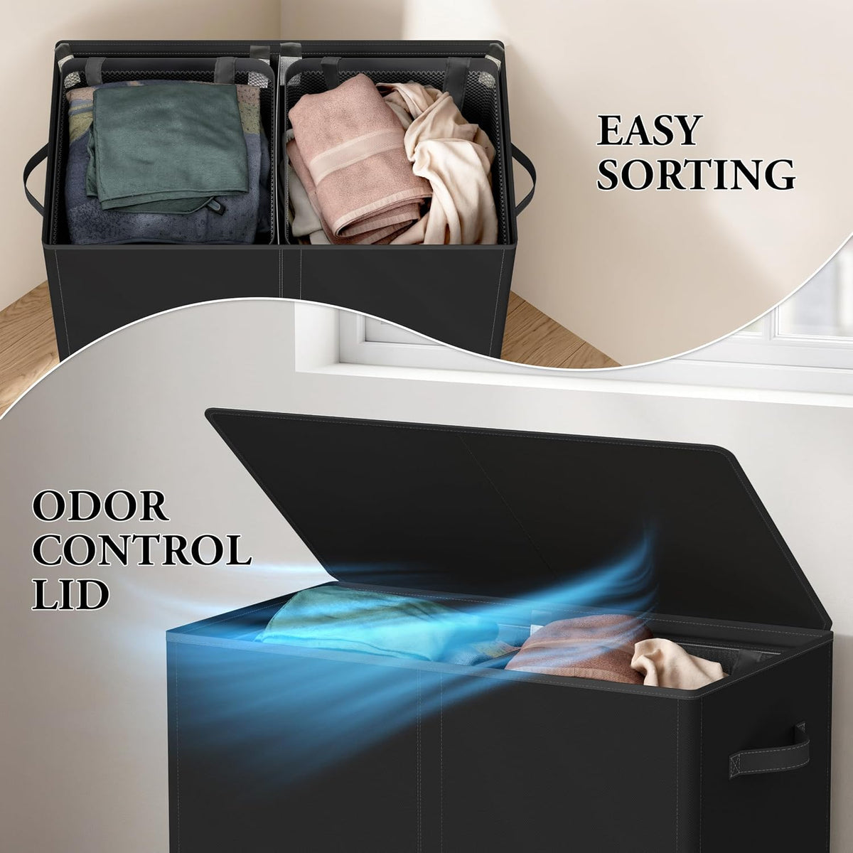 Simple Houseware Double Laundry Hamper with Lid & Removable Bags, Black