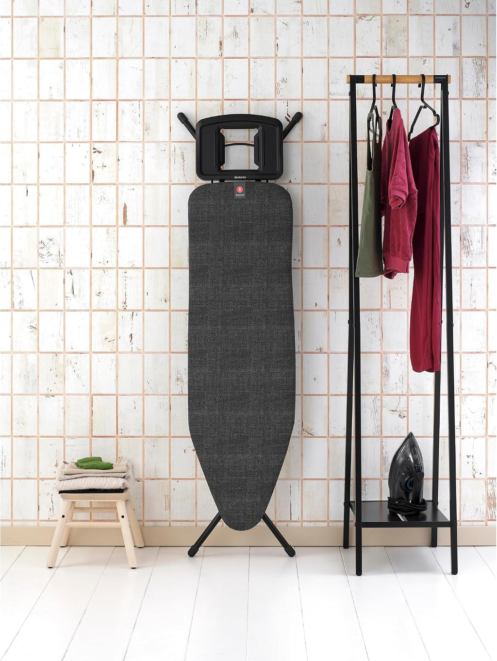 Brabantia Comfort Ironing Board with Solid Steam Iron Rest | Medium (Size B) | Fairtrade Denim Black Cover | Adjustable Height (27-38"), Easy Fold, Anti-Collapse Lock, Non-Slip Feet