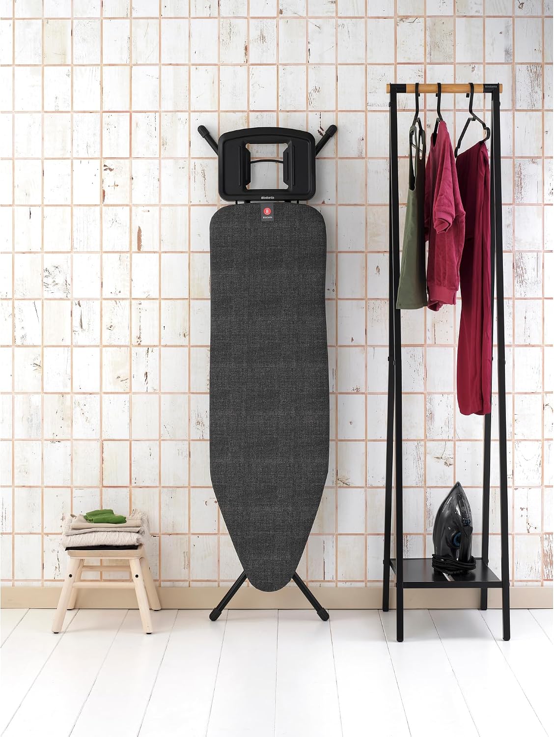 Brabantia Comfort Ironing Board with Solid Steam Iron Rest | Medium (Size B) | Fairtrade Denim Black Cover | Adjustable Height (27-38"), Easy Fold, Anti-Collapse Lock, Non-Slip Feet