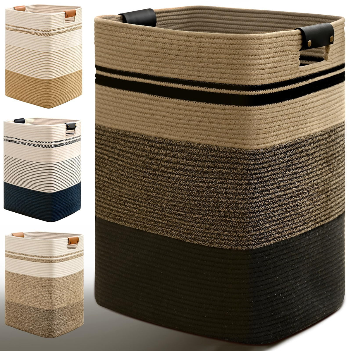 Laundry Hamper, 85L Tall Laundry Basket with Leather Handles, Rectangle Large Clothes Hamper for Organizing, Cotton Woven Laundry Baskets Storage Hampers for Bedroom, Nursery, Living Room