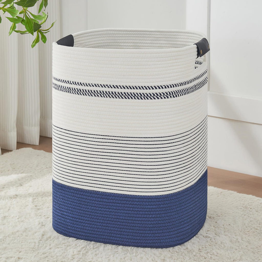 Large Laundry Hamper Basket, 85L Cotton Rope Woven Storage Bin for Blankets, Dirty Clothes Toys, Decorative Tall Basket with Leather Handles for Living Room, Bedroom, Bathroom, Nursery, Jute