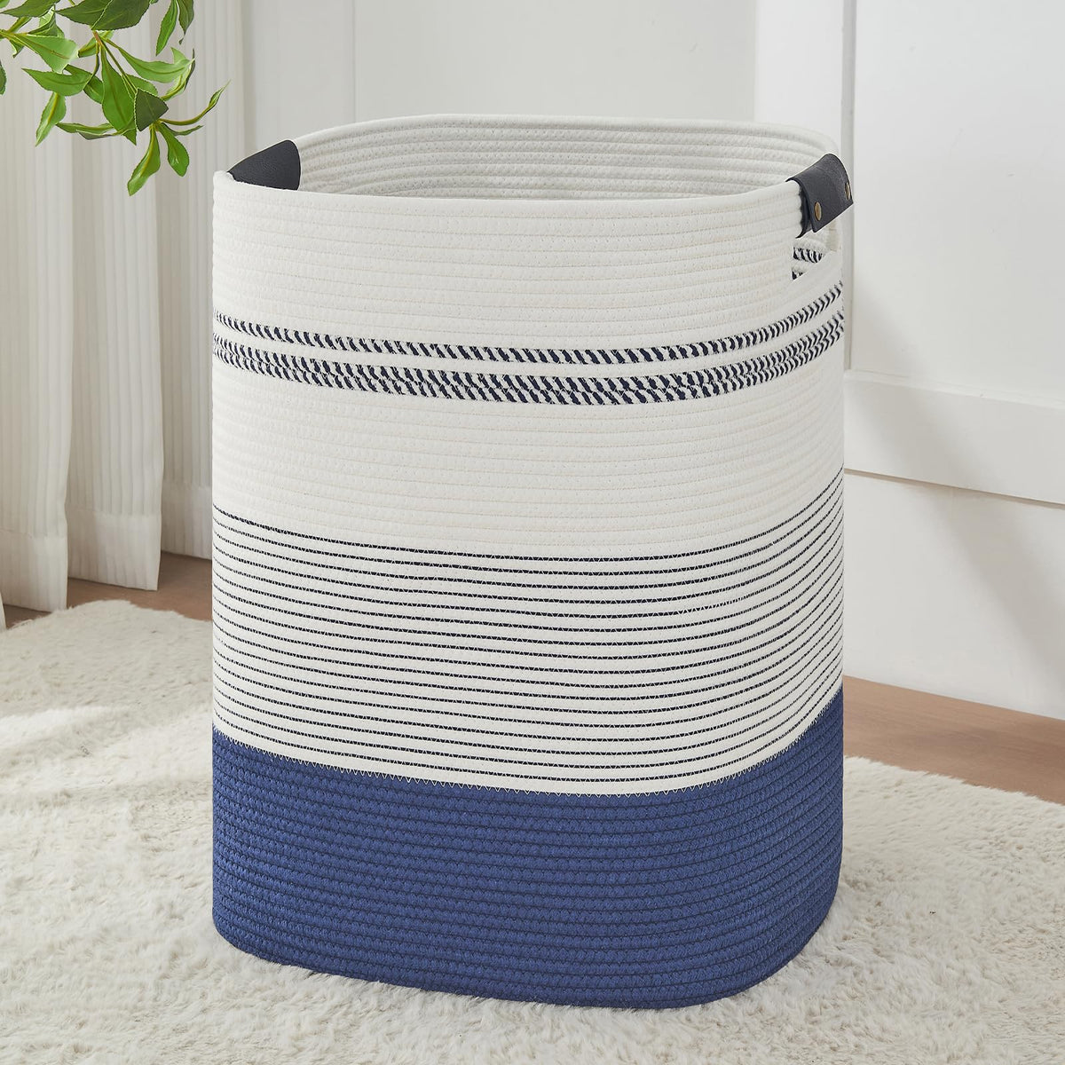 Large Laundry Hamper Basket, 85L Cotton Rope Woven Storage Bin for Blankets, Dirty Clothes Toys, Decorative Tall Basket with Leather Handles for Living Room, Bedroom, Bathroom, Nursery, Jute
