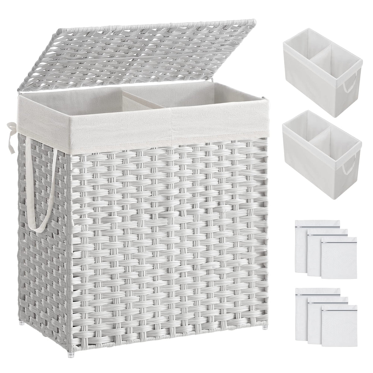 SONGMICS Laundry Hamper with Lid, 130L Double Wicker Basket, 6 Mesh Bags