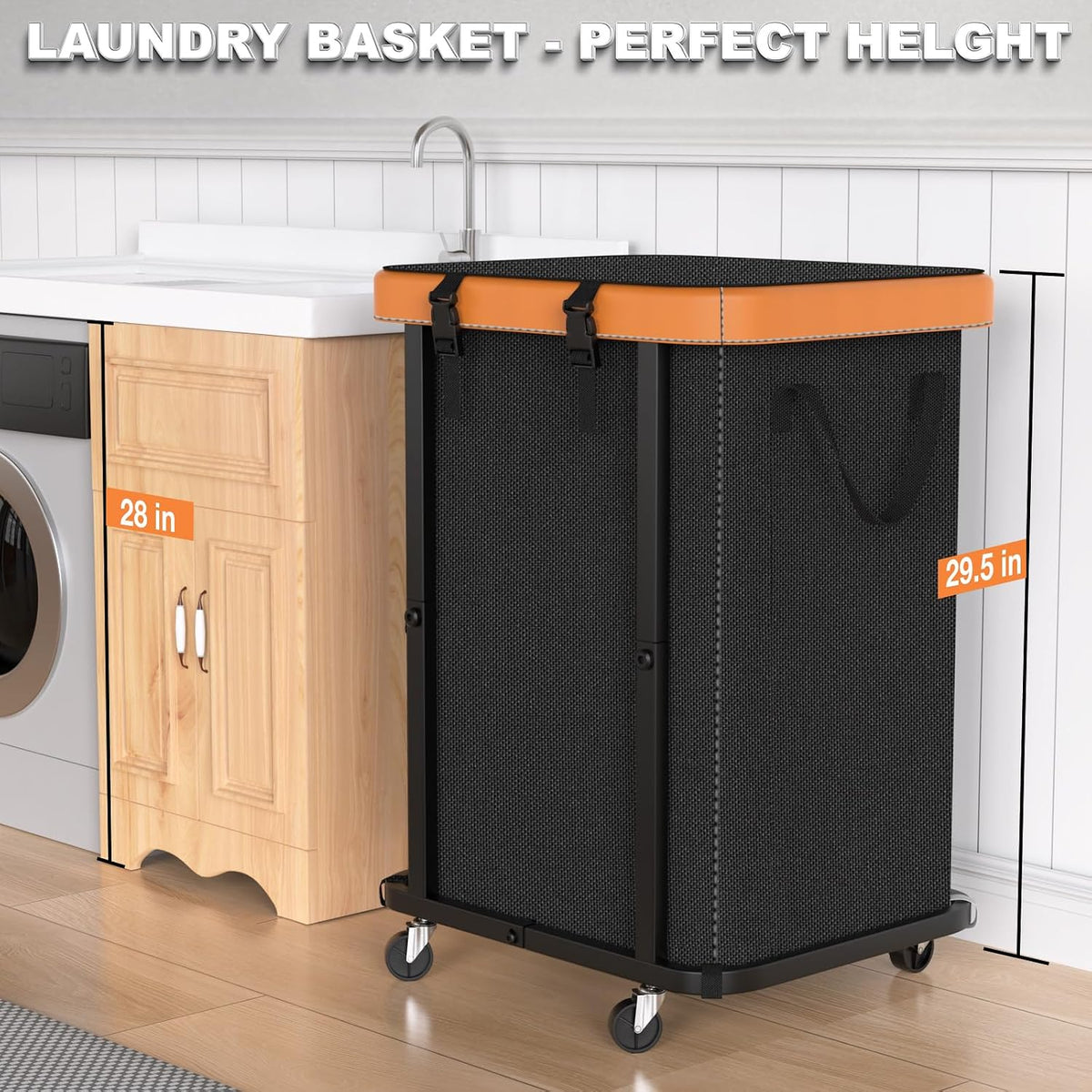 Laundry Hamper with Wheels,150L Leather Patchwork Clothes Hamper Black