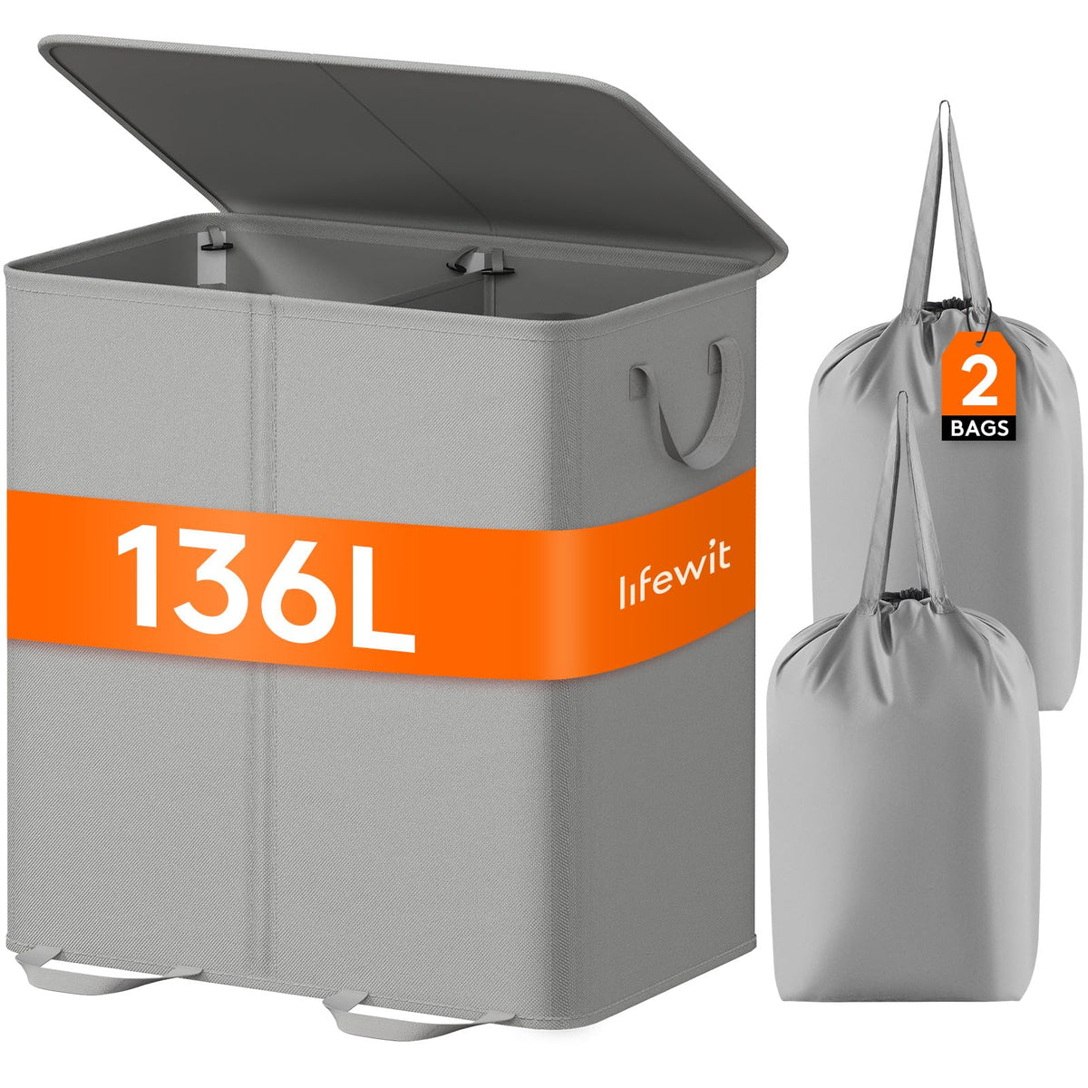 Lifewit Double Laundry Hamper with Lid, Removable Laundry Bags, Beige