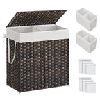 SONGMICS Laundry Hamper with Lid, 130L Double Wicker Basket, 6 Mesh Bags