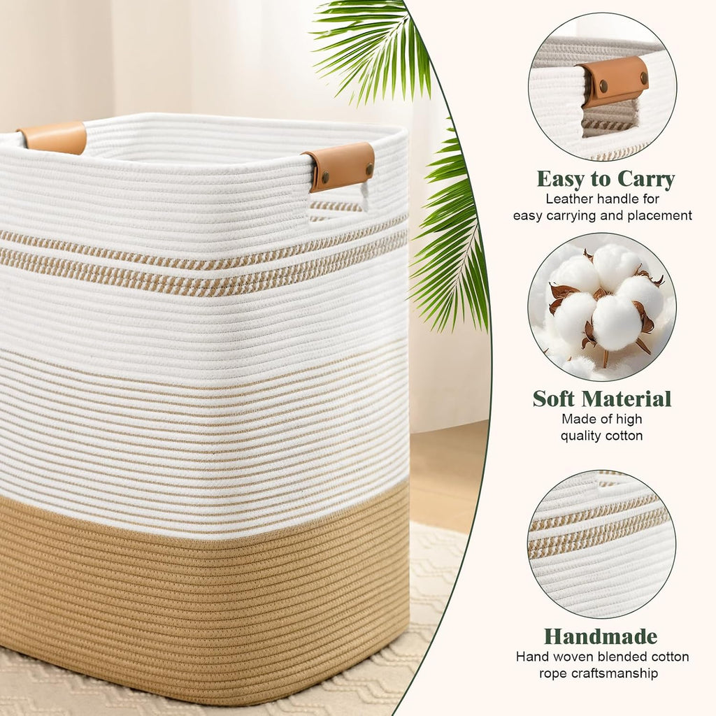 Laundry Hamper, 85L Tall Laundry Basket with Leather Handles, Rectangle Large Clothes Hamper for Organizing, Cotton Woven Laundry Baskets Storage Hampers for Bedroom, Nursery, Living Room