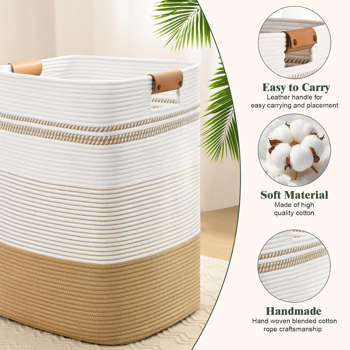 Laundry Hamper, 85L Tall Laundry Basket with Leather Handles, Rectangle Large Clothes Hamper for Organizing, Cotton Woven Laundry Baskets Storage Hampers for Bedroom, Nursery, Living Room