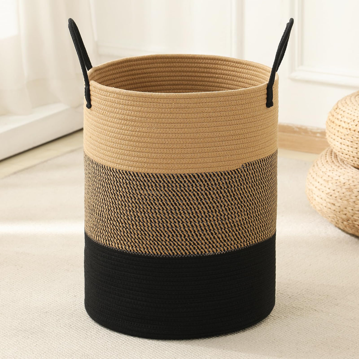 Laundry Basket Hamper Tall Rope Storage Woven for Blanket Toys Dirty Clothes in Living Room Bathroom Bedroom White & Brown 60L/15.8Gal