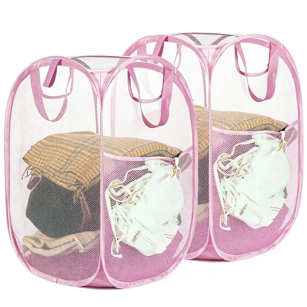 Upgraded Polyester Pop-up Laundry Hamper 2 Pack, 70L(18.5 Gal) Laundry Basket with Durable Handles Solid Bottom High Carbon Steel Frame and Side Pocket, Easy to Open Fold Flat for Storage
