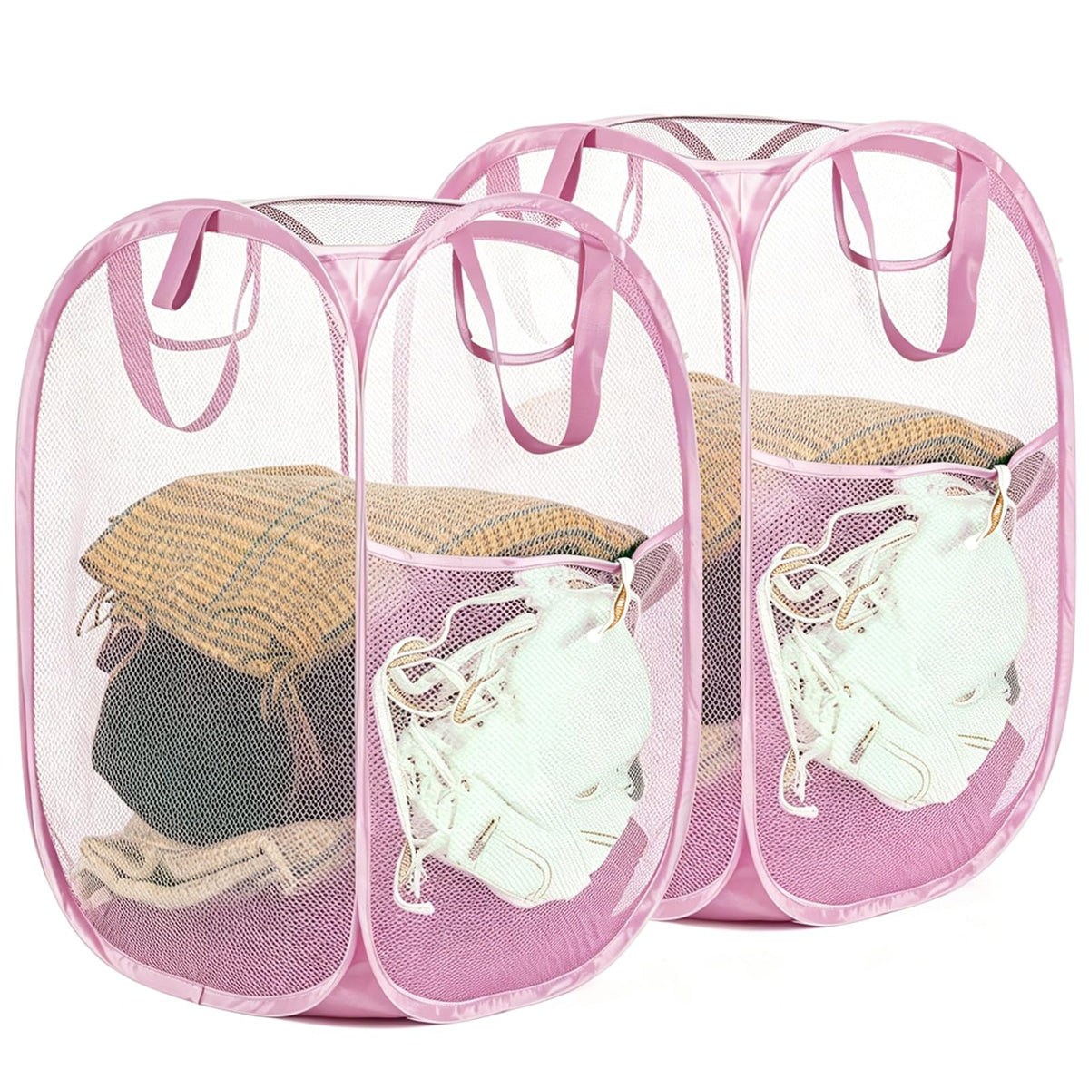 Upgraded Polyester Pop-up Laundry Hamper 2 Pack, 70L(18.5 Gal) Laundry Basket with Durable Handles Solid Bottom High Carbon Steel Frame and Side Pocket, Easy to Open Fold Flat for Storage