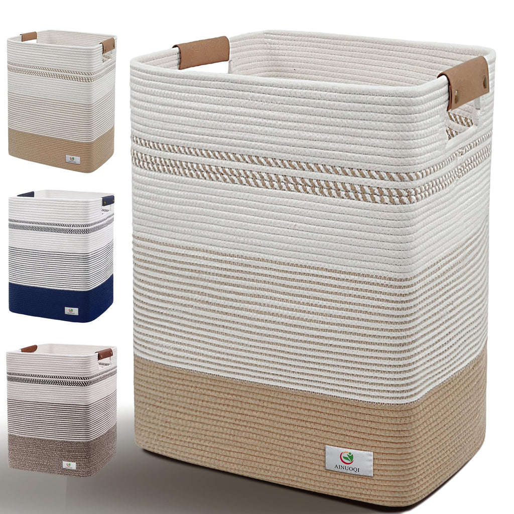 Large Laundry Hamper Basket, 85L Cotton Rope Woven Storage Bin for Blankets, Dirty Clothes Toys, Decorative Tall Basket with Leather Handles for Living Room, Bedroom, Bathroom, Nursery, Jute