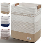Large Laundry Hamper Basket, 85L Cotton Rope Woven Storage Bin for Blankets, Dirty Clothes Toys, Decorative Tall Basket with Leather Handles for Living Room, Bedroom, Bathroom, Nursery, Jute