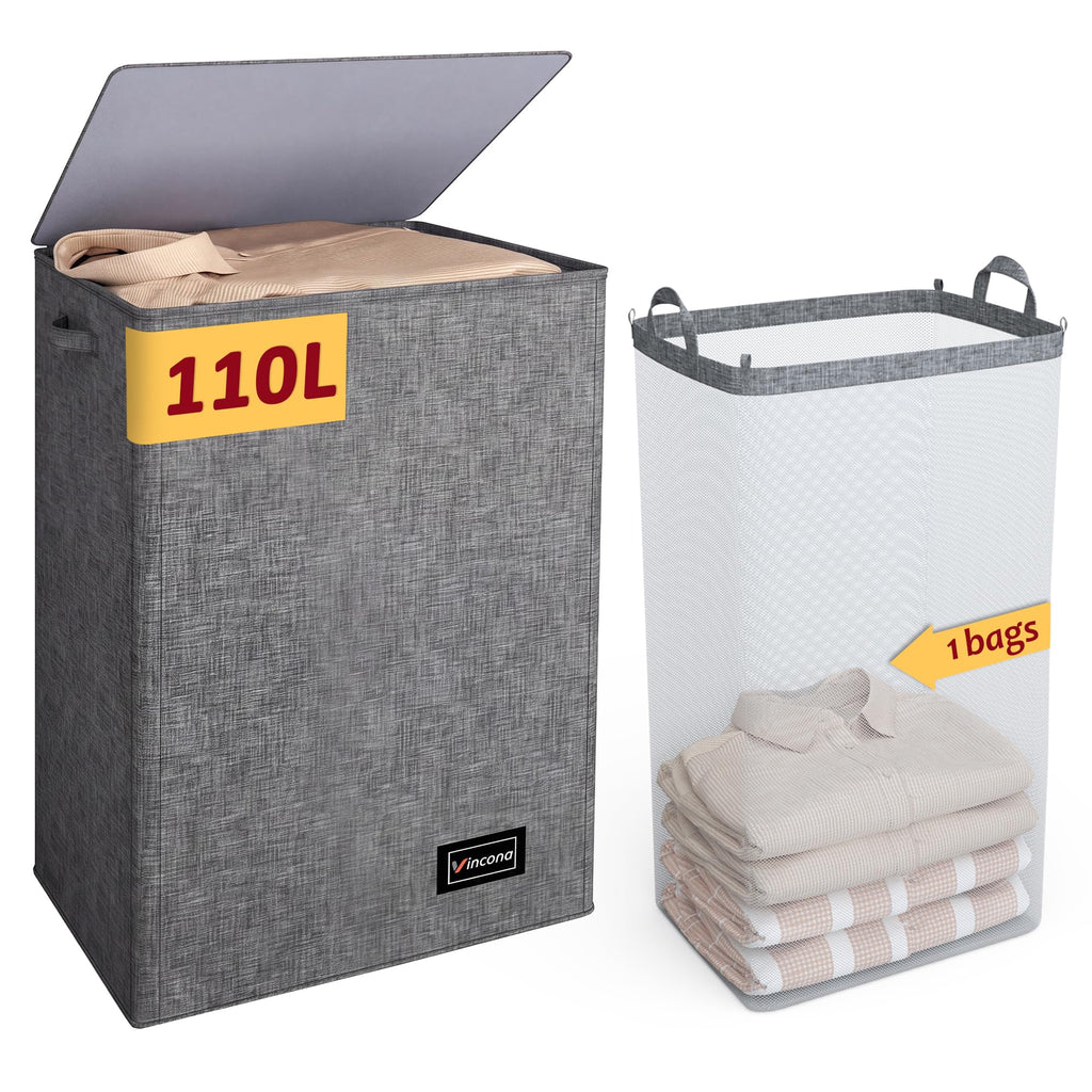 195L Laundry Hamper 3 Section,Large Laundry Hamper with Lid,Dirty Clothes Hamper with 3 Inner Bags,Collapsible Laundry Basket Organizer for Laundry Room,Bedroom,Laundry Sorter Hamper 3 Compartment