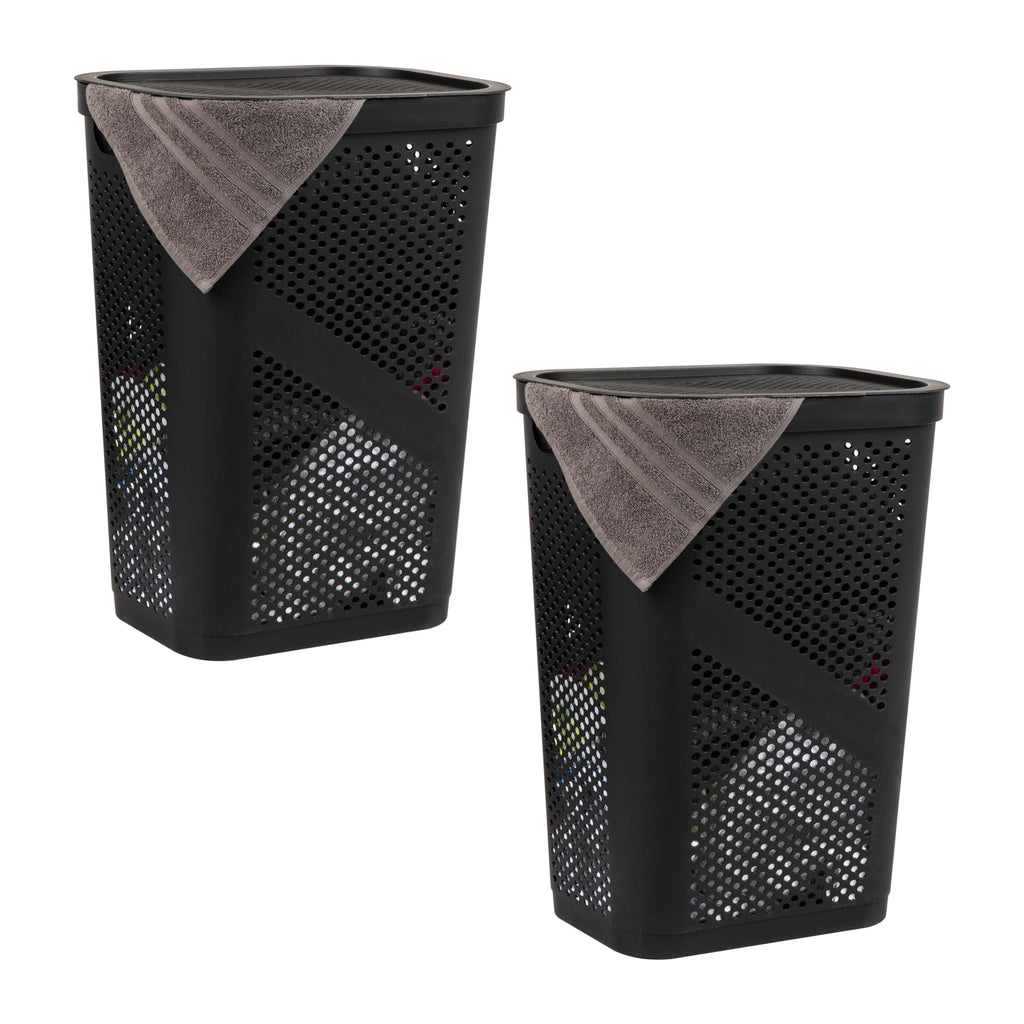 Mind Reader Slim Laundry Hamper with Lid, 60L Clothes Basket, Ventilated Plastic, Black