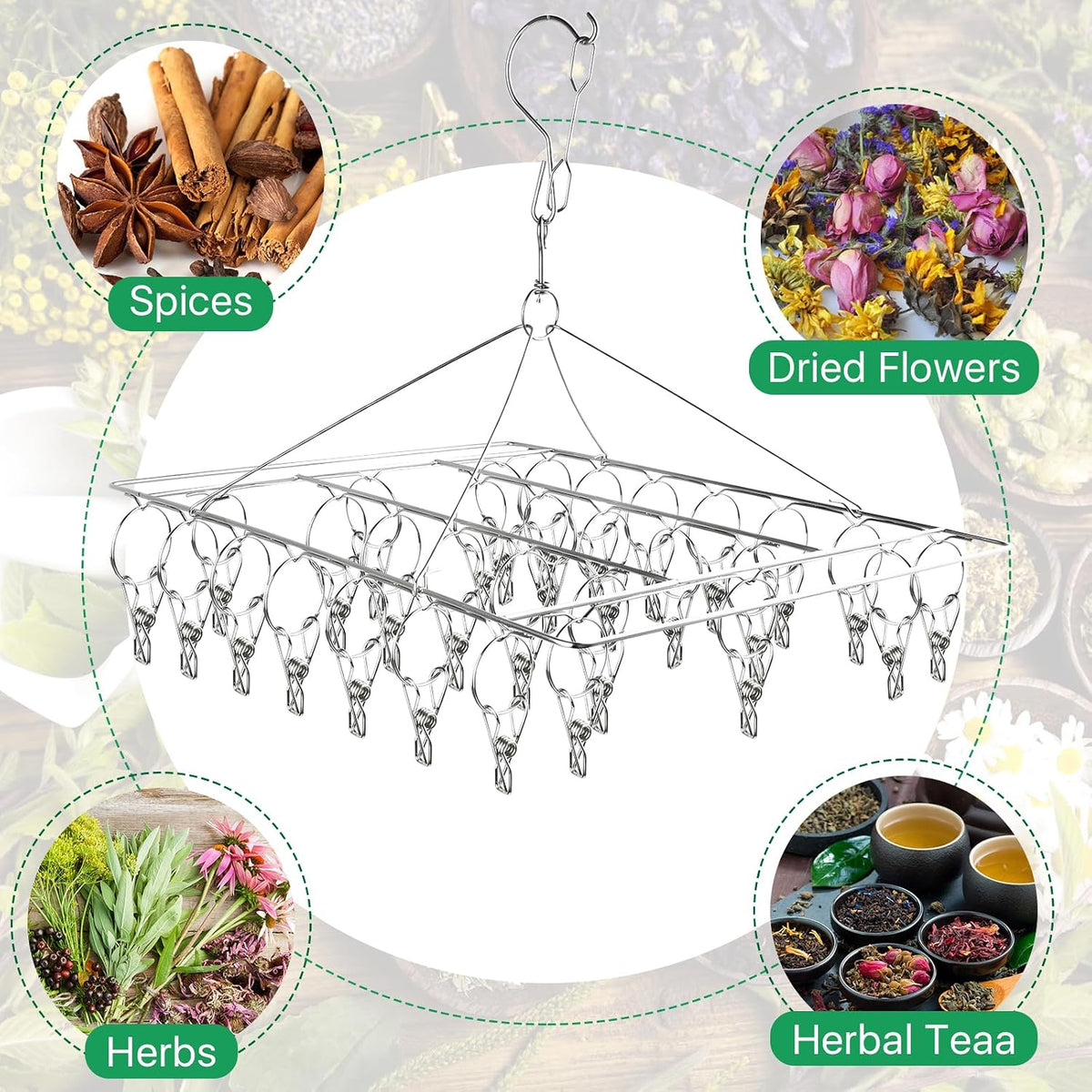 Herb Drying Rack for Drying Spices, Rustproof Dryer with 30 Hooks