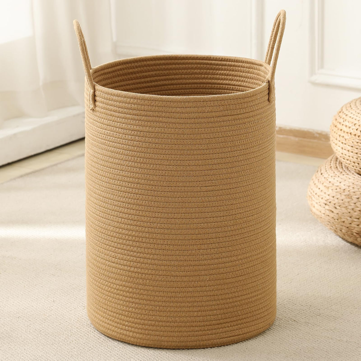 Laundry Basket Hamper Tall Rope Storage Woven for Blanket Toys Dirty Clothes in Living Room Bathroom Bedroom White & Brown 60L/15.8Gal