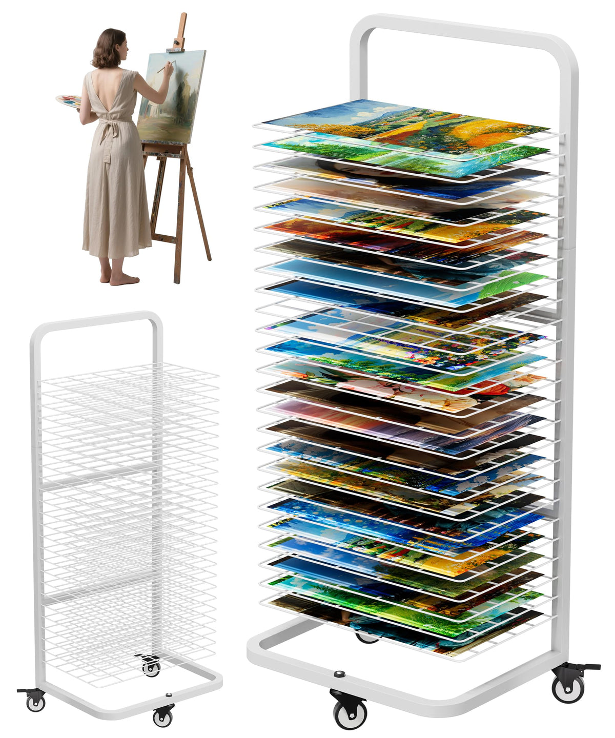 Art Drying Rack with 25 Removable Shelves, Mobile Metal Paint Drying Stand with Lockable Wheels, Functional Canvas Rack Art Storage for Artwork in Classrooms, Art Studios and Schools, Black