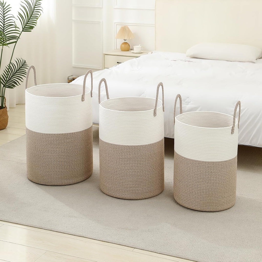 Laundry Basket Hamper Tall Rope Storage Woven for Blanket Toys Dirty Clothes in Living Room Bathroom Bedroom White & Brown 60L/15.8Gal