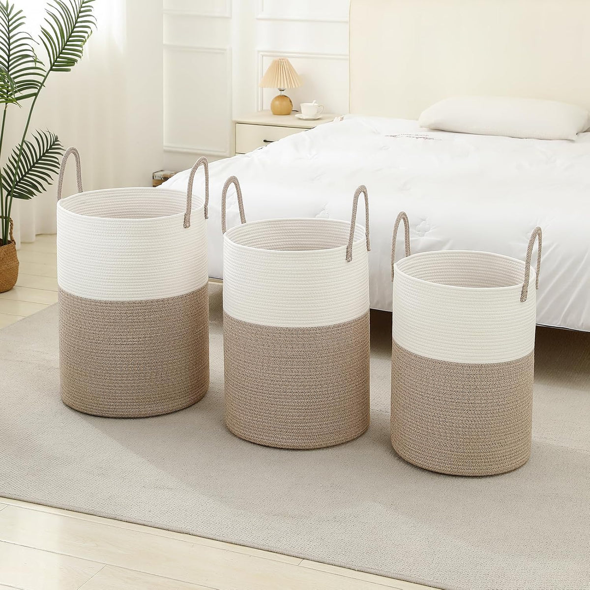Laundry Basket Hamper Tall Rope Storage Woven for Blanket Toys Dirty Clothes in Living Room Bathroom Bedroom White & Brown 60L/15.8Gal