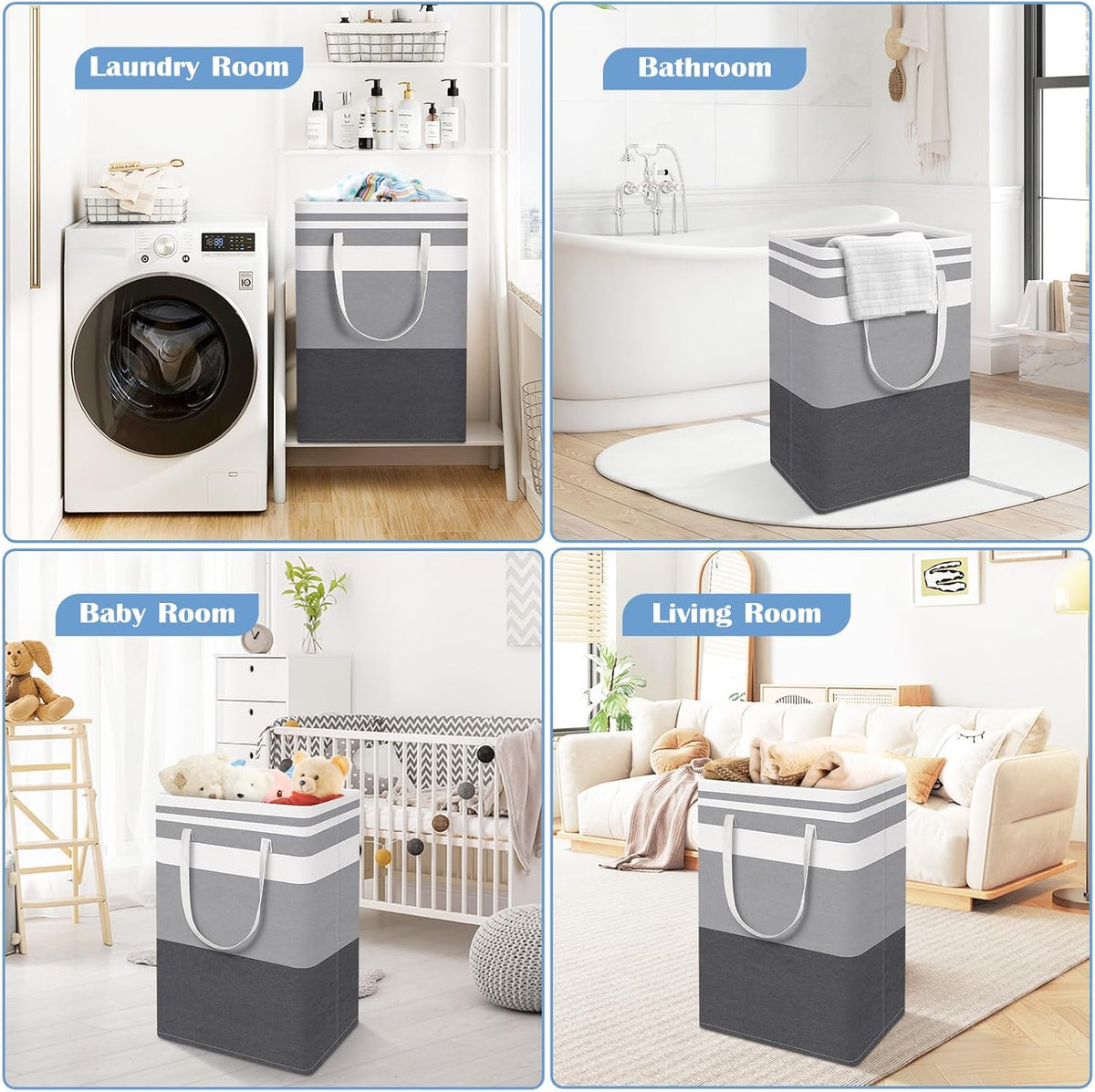 BlissTotes 3-Pack Laundry Basket, Collapsible Laundry Hamper, Grey, 75L