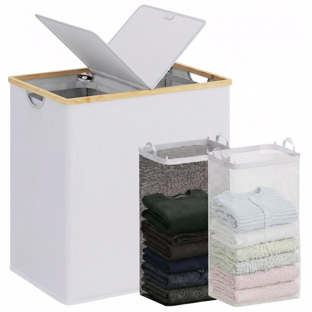 efluky Double Laundry Hamper with Lid and 2 Removable Bags, Beige