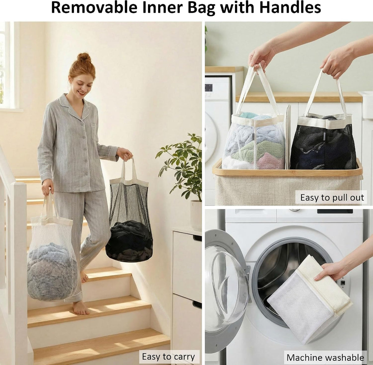 efluky Double Laundry Hamper with Lid and 2 Removable Bags, Beige