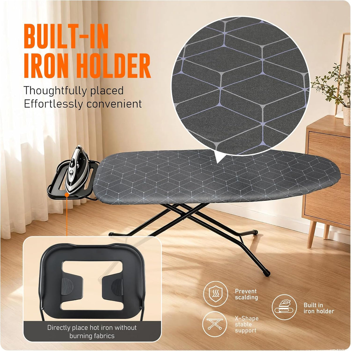 Ironing Board with Iron Rest – Full Size Foldable Board – Adjustable Height Steel Mesh Surface – Gray Padded Cotton Cover
