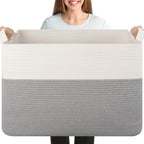 OIASKET 108L Cotton Rope Storage Basket for Living Room and Bedroom 25"x16"x16" Woven Laundry Basket, Heavy Duty Bin for Blankets, Pillows & Toys, Pet-Safe & Scratch-Free, Brown and White