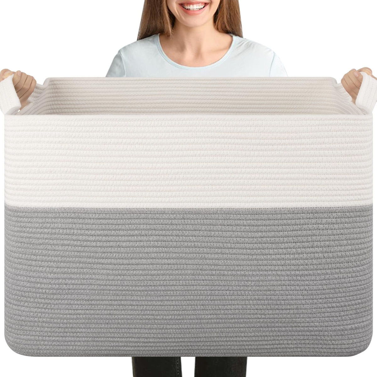 OIASKET 108L Cotton Rope Storage Basket for Living Room and Bedroom 25"x16"x16" Woven Laundry Basket, Heavy Duty Bin for Blankets, Pillows & Toys, Pet-Safe & Scratch-Free, Brown and White