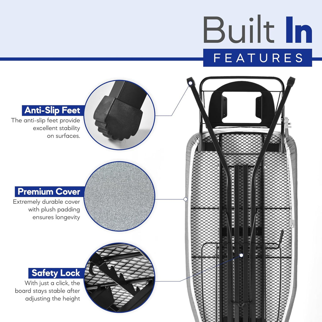 BKTD Extra-Wide Ironing Board – 48"×18" Large Surface (57" w/Iron Rest) • Built-in Clothes Rack, Hanger & Cord Holder • Heat-Resistant Cover • Heavy-Duty, No Wobble • Adjustable Height • Black Grey.