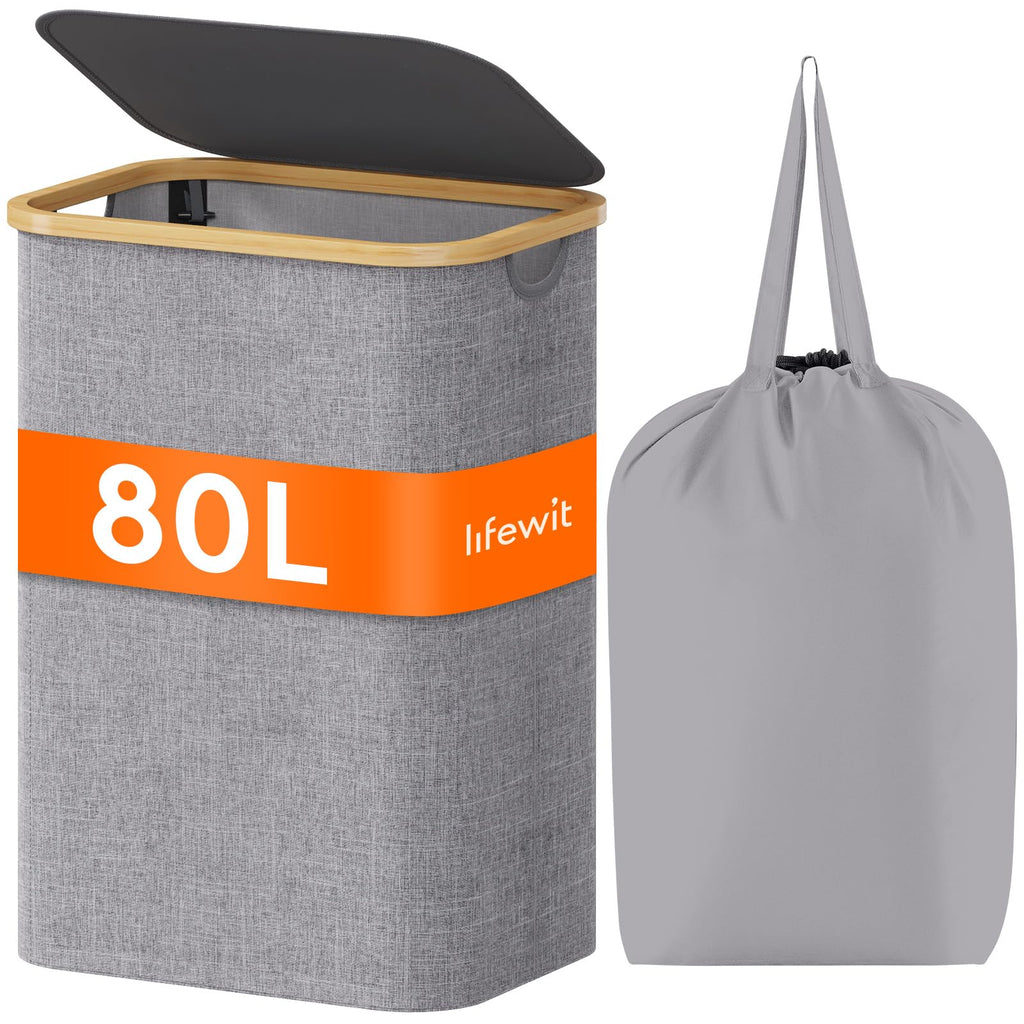 Lifewit 105L Large Laundry Basket with Lid, Removable Bags, Black