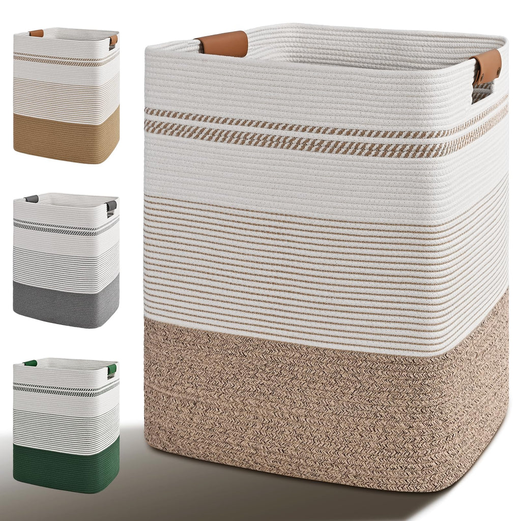 Laundry Hamper, 85L Tall Laundry Basket with Leather Handles, Rectangle Large Clothes Hamper for Organizing, Cotton Woven Laundry Baskets Storage Hampers for Bedroom, Nursery, Living Room