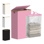 efluky Slim Laundry Basket with Lid, Narrow Laundry Hamper with Removable Bag, Skinny Dirty Clothes Basket with Bamboo Handles for Bathroom, Bedroom & Laundry Room, 75L Beige