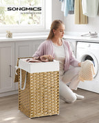 SONGMICS Laundry Hamper with Lid, 17.2 Gallon (65 L) Synthetic Rattan Clothes Laundry Basket with Lid and Handles, Foldable, Removable Liner, Goose Yellow ULCB165N01