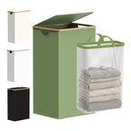 efluky Slim Laundry Basket with Lid, Narrow Laundry Hamper with Removable Bag, Skinny Dirty Clothes Basket with Bamboo Handles for Bathroom, Bedroom & Laundry Room, 75L Beige