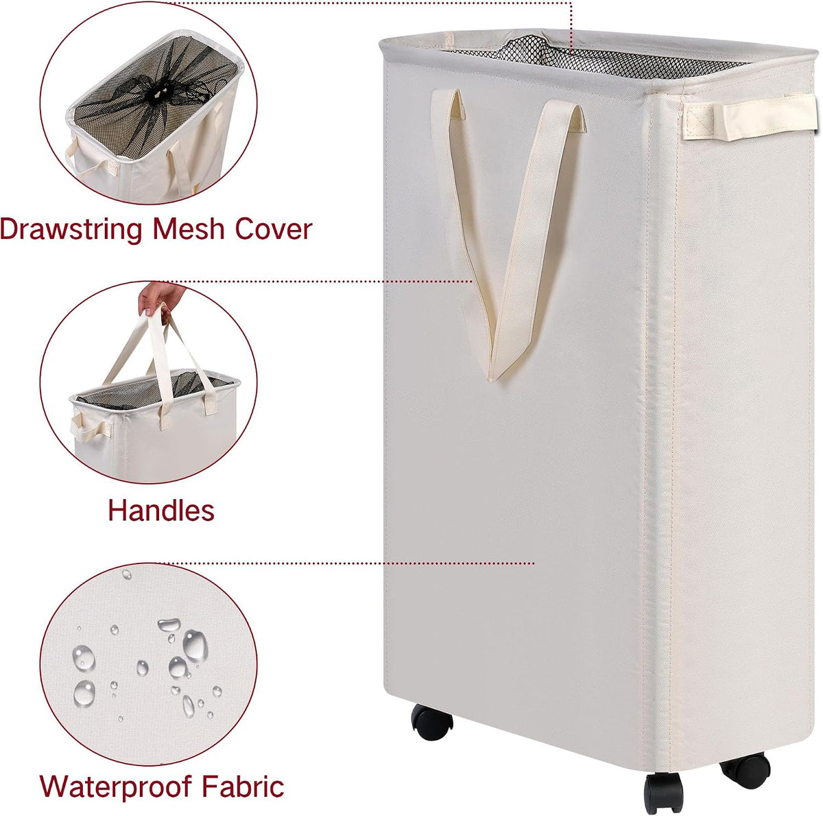 efluky Slim Laundry Hamper with Wheels, Rolling Laundry Basket for Clothes, Small Laundry Basket for Bedroom, Dorm and Laundry Room, 60L (12.7 Gallons) Beige