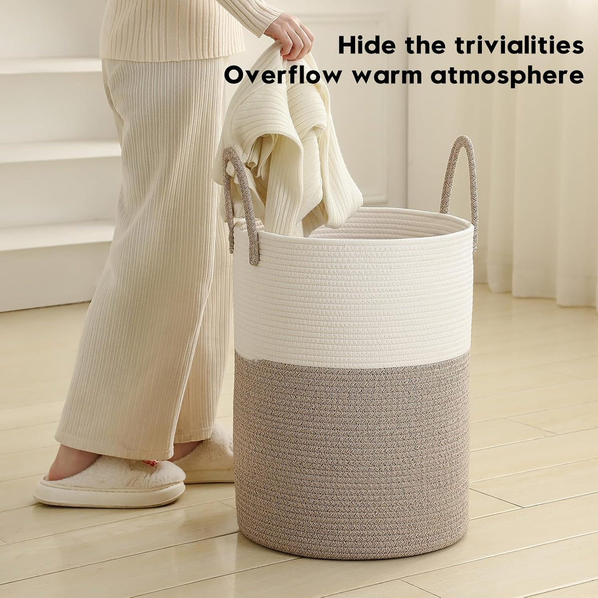 Laundry Basket Hamper Tall Rope Storage Woven for Blanket Toys Dirty Clothes in Living Room Bathroom Bedroom White & Brown 60L/15.8Gal
