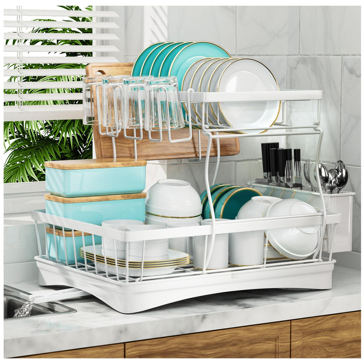 7 code 2-Tier Large Dish Drying Rack for Kitchen Counter, Black