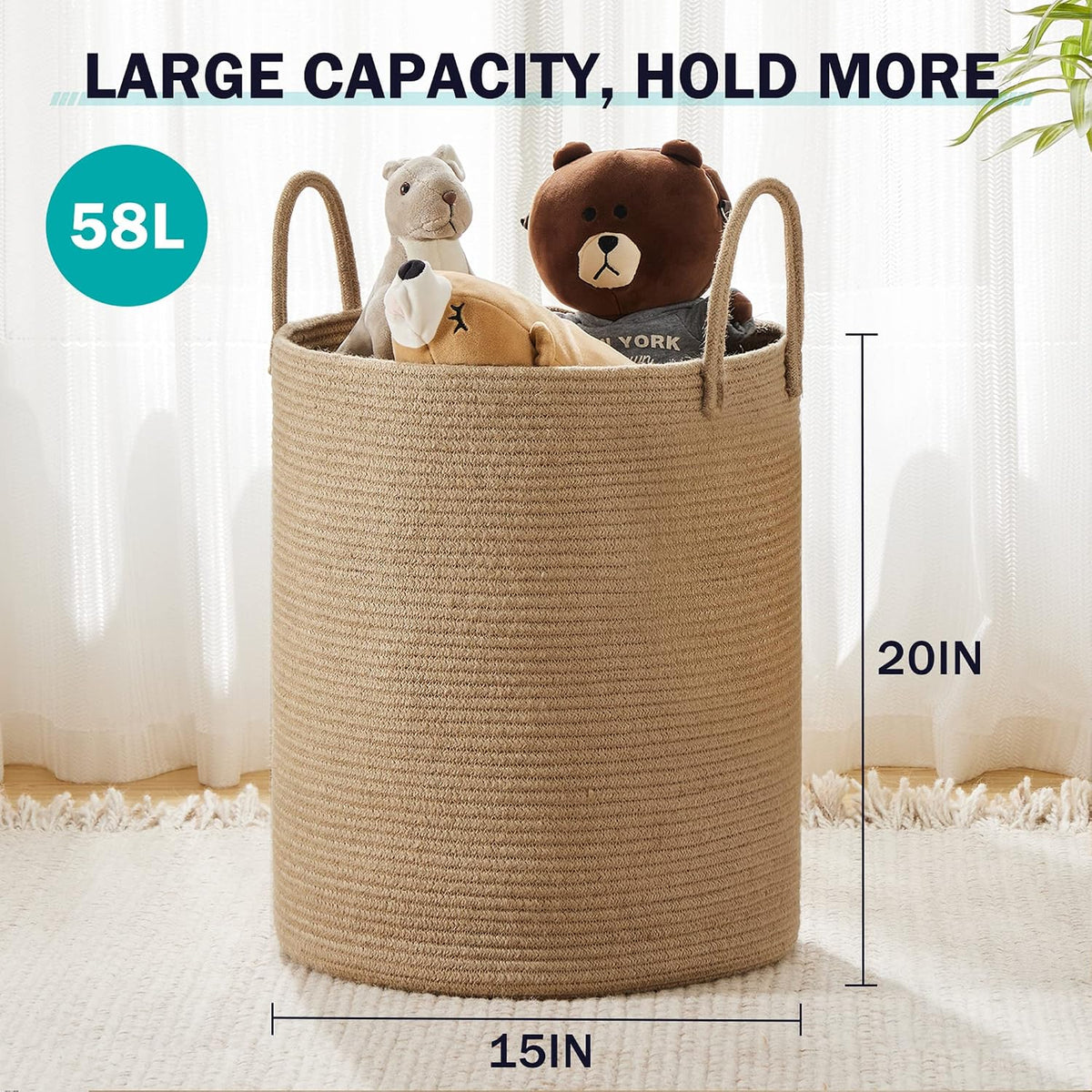 YOUDENOVA Jute Rope Laundry Hamper Basket, 58L Blanket Basket for Nursery