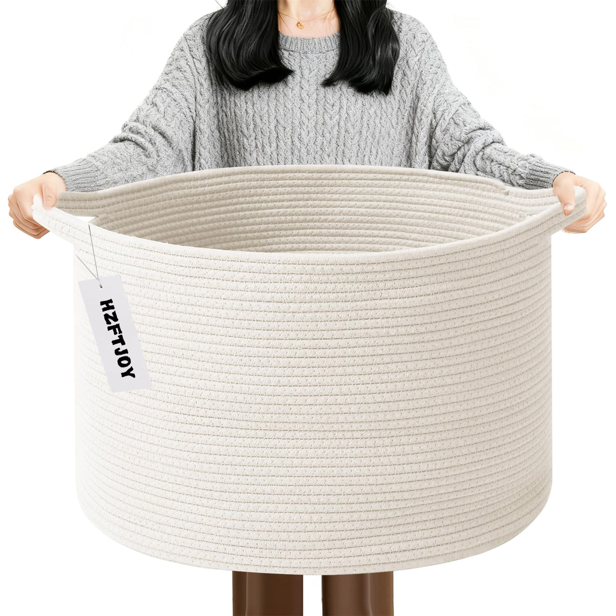 Large Woven Blanket Basket,65L Cotton Rope Laundry Basket