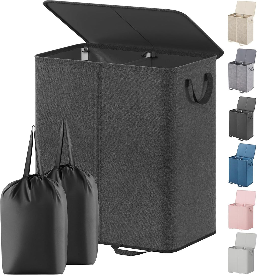 Lifewit Double Laundry Hamper with Lid, Removable Laundry Bags, Black