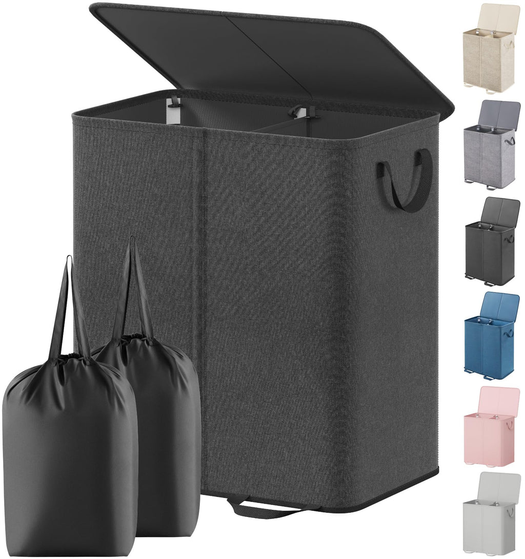 Lifewit Double Laundry Hamper with Lid, Removable Laundry Bags, Black