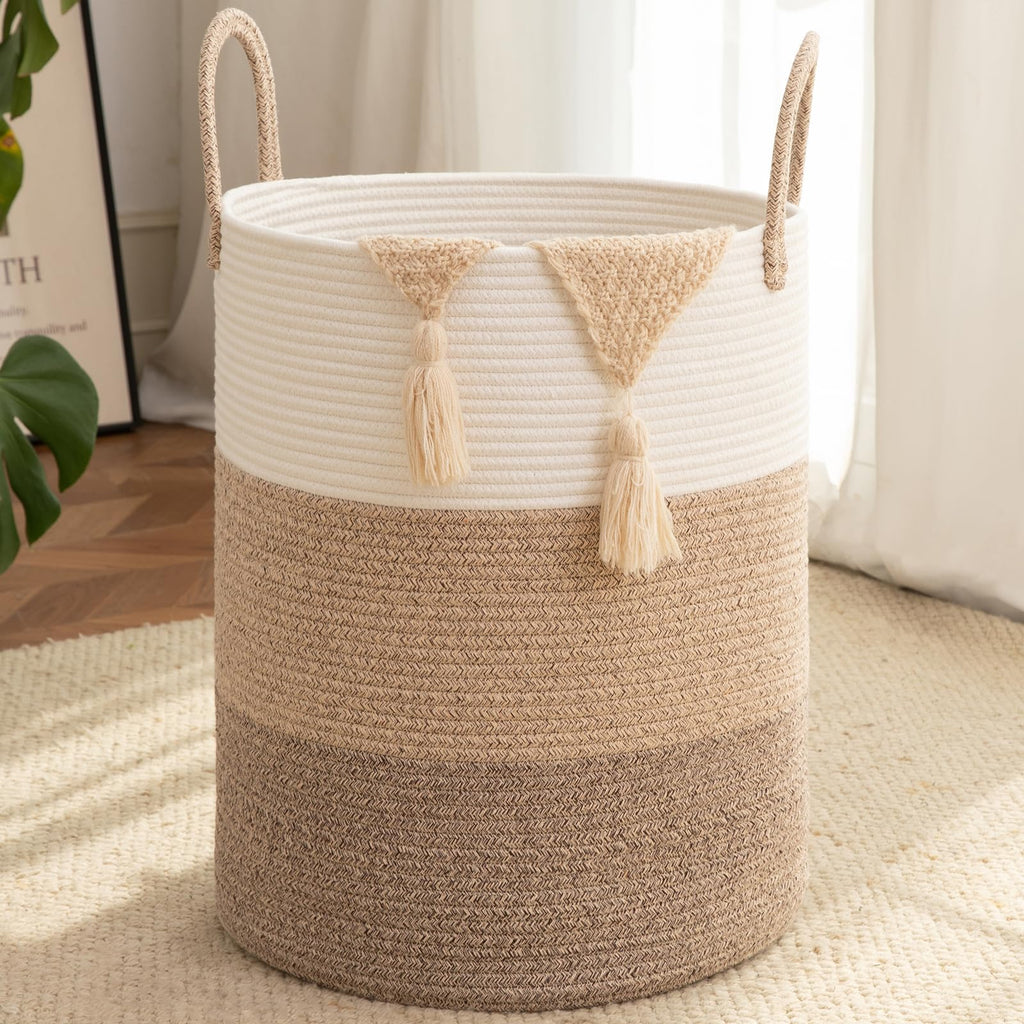 OIAHOMY 60L Nursery Hamper Laundry Basket Laundry Hamper Brown/White